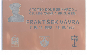Pamětní deska na rodném domě generála Vávry